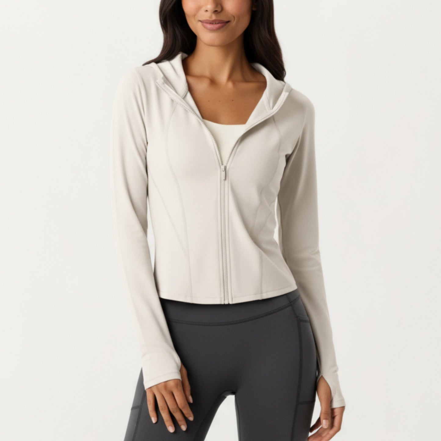 Long Sleeve Zip Up Hoodie Jacket with Contoured Fit and Thumbhole Cuffs