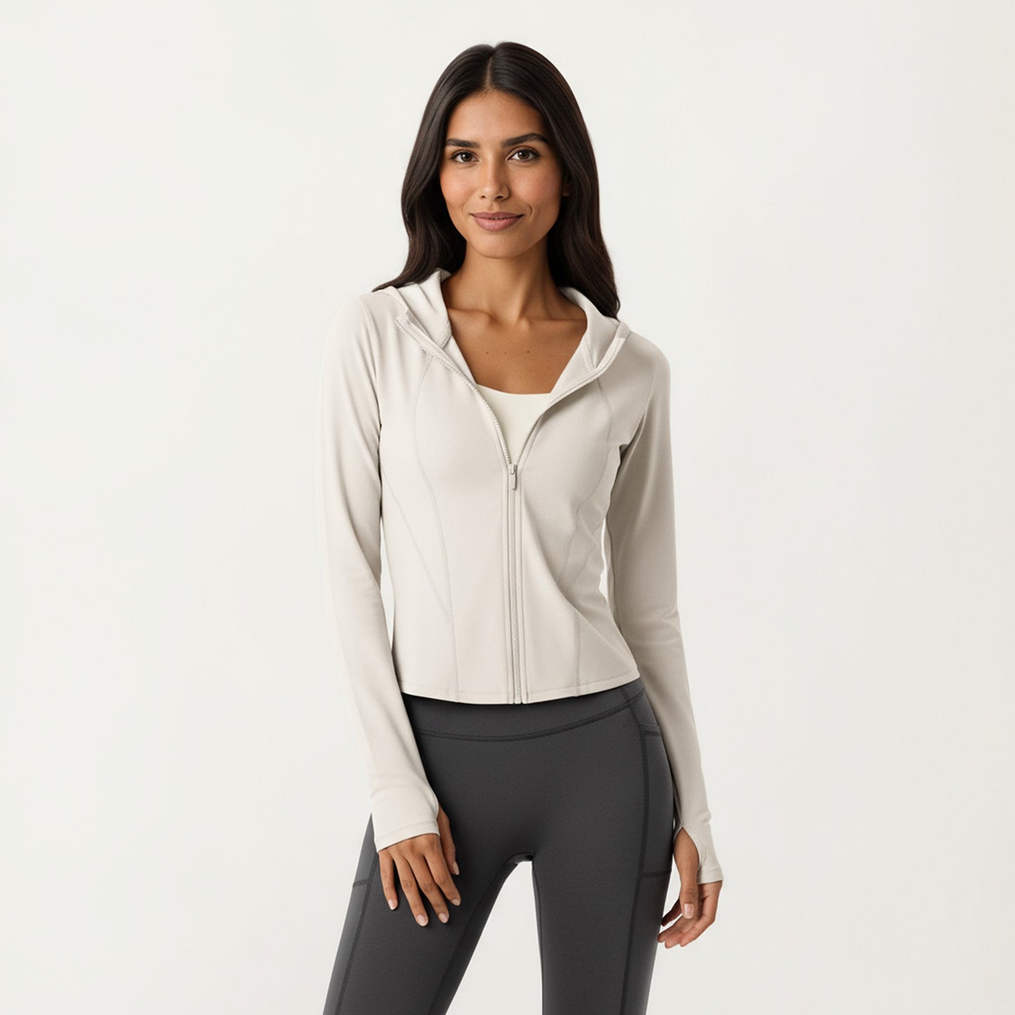Long Sleeve Zip Up Hoodie Jacket with Contoured Fit and Thumbhole Cuffs