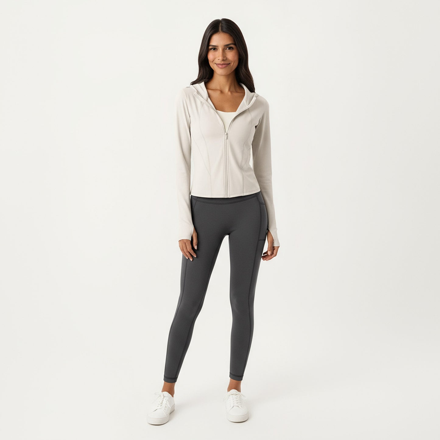 Long Sleeve Zip Up Hoodie Jacket with Contoured Fit and Thumbhole Cuffs