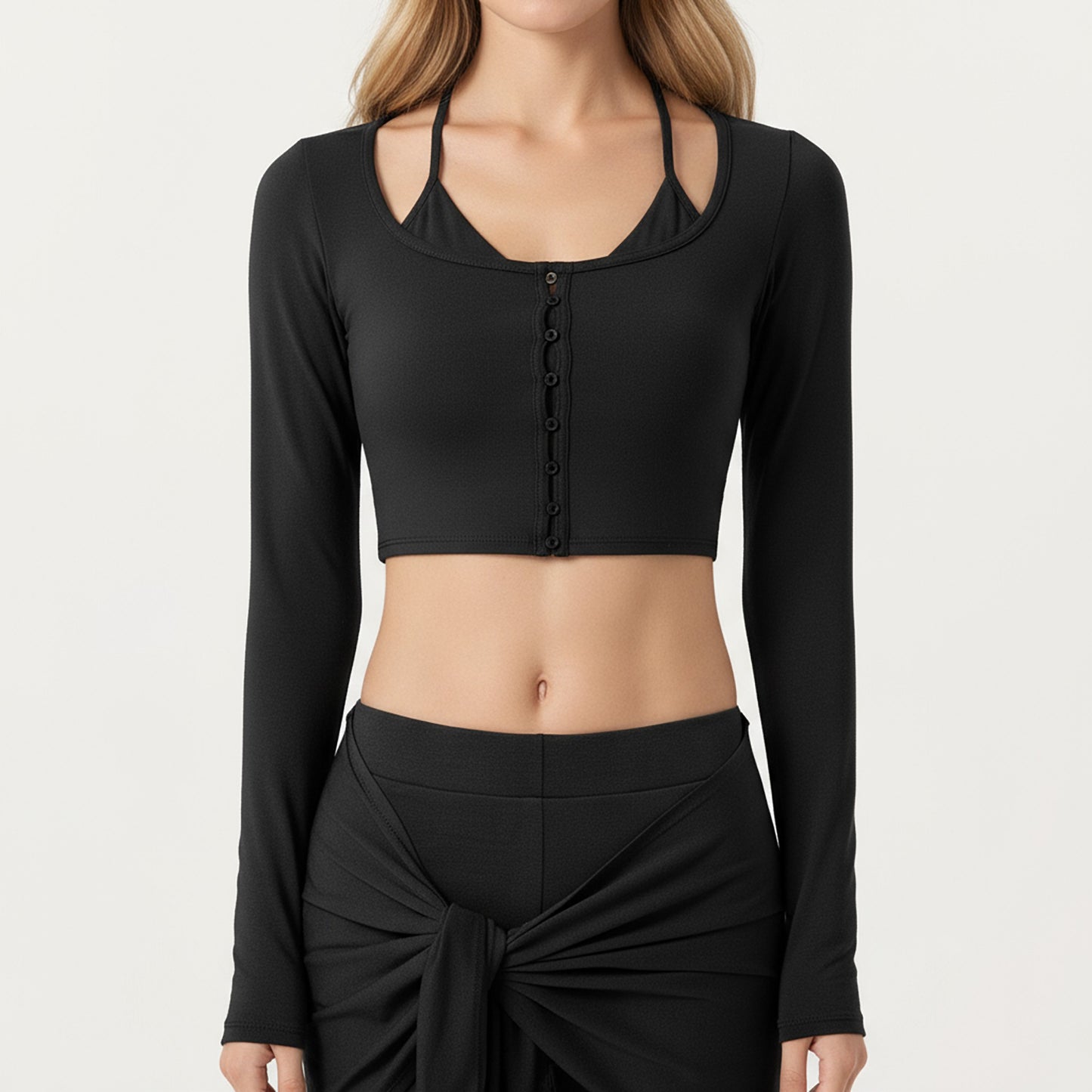 Long Sleeve Cropped Button Front Top with Square Neckline and Fitted Silhouette