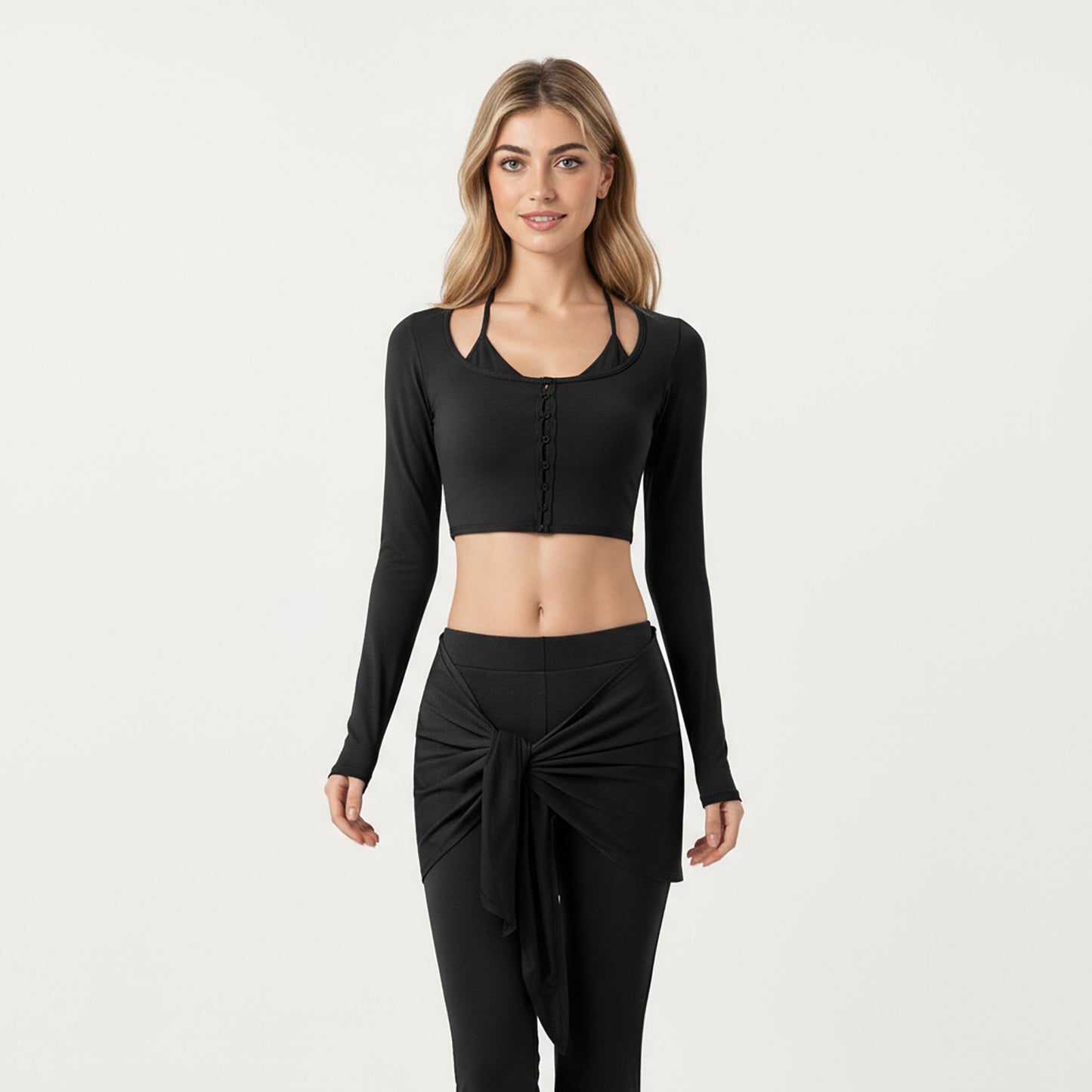 Long Sleeve Cropped Button Front Top with Square Neckline and Fitted Silhouette