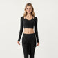 Long Sleeve Cropped Button Front Top with Square Neckline and Fitted Silhouette