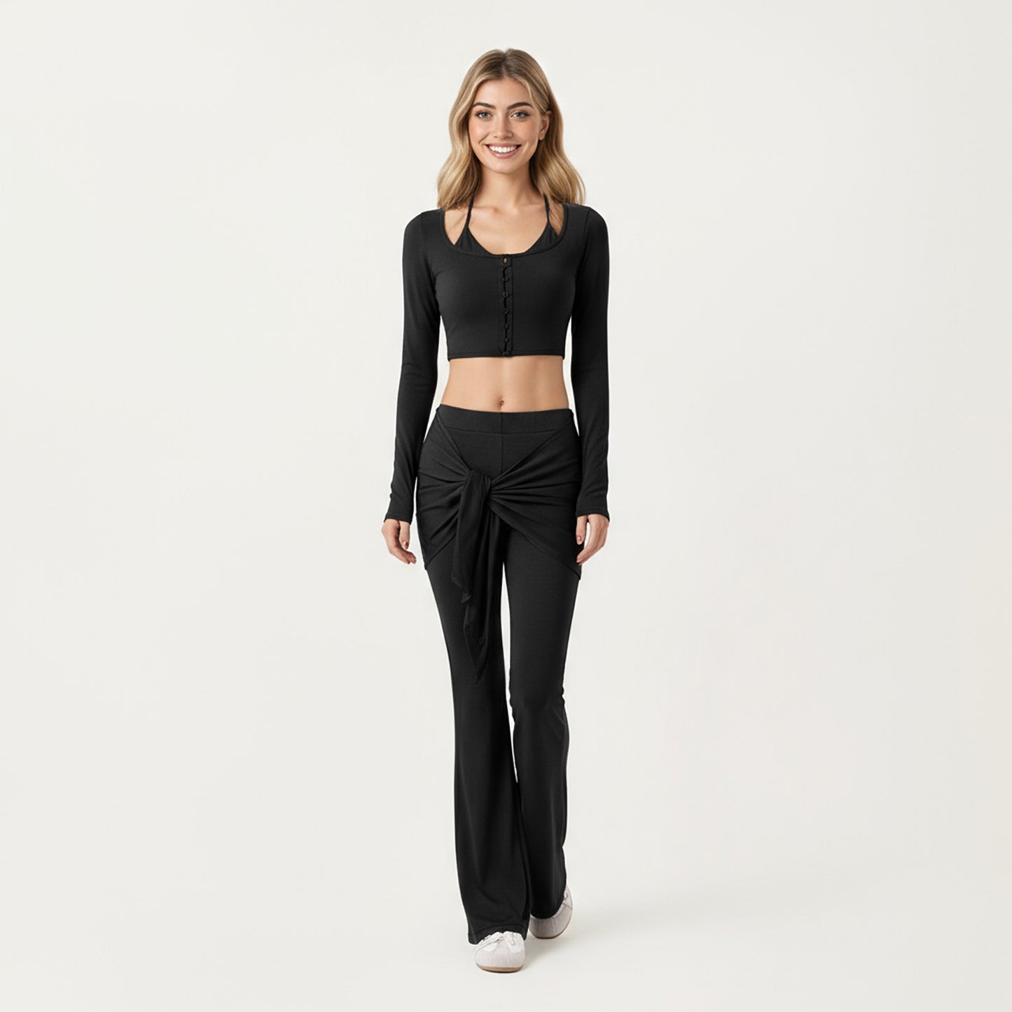 Long Sleeve Cropped Button Front Top with Square Neckline and Fitted Silhouette