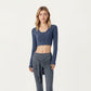 Long Sleeve Cropped Button Front Top with Square Neckline and Fitted Silhouette