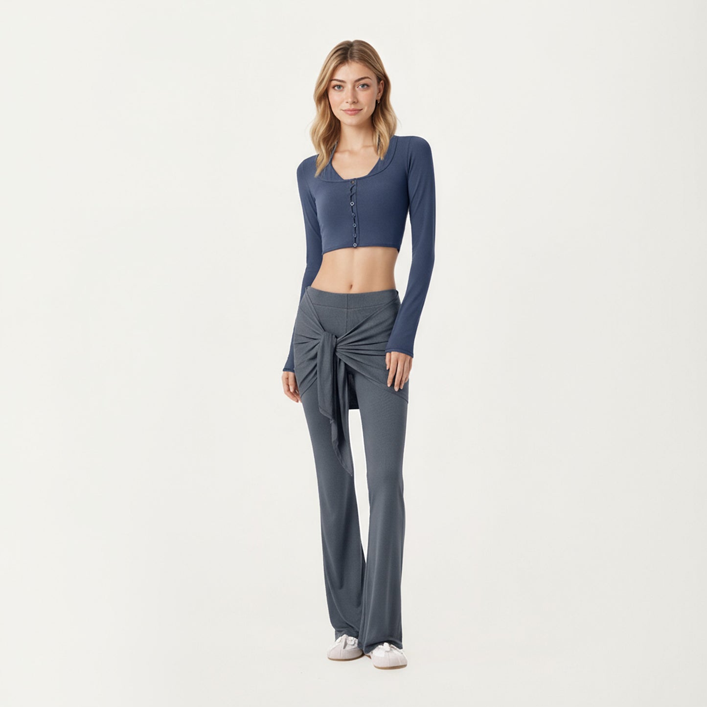 Long Sleeve Cropped Button Front Top with Square Neckline and Fitted Silhouette