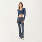 Long Sleeve Cropped Button Front Top with Square Neckline and Fitted Silhouette