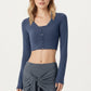 Long Sleeve Cropped Button Front Top with Square Neckline and Fitted Silhouette