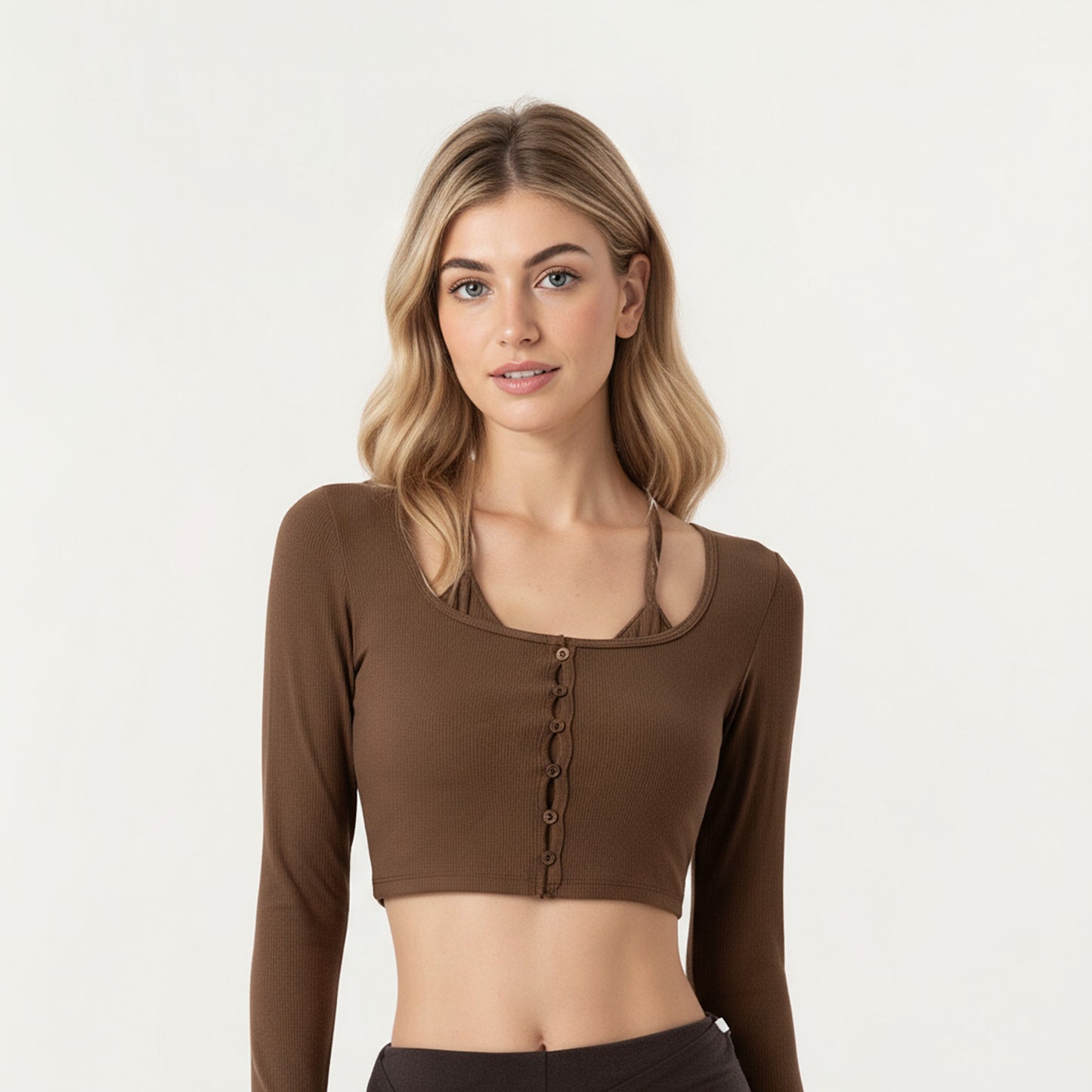 Long Sleeve Cropped Button Front Top with Square Neckline and Fitted Silhouette