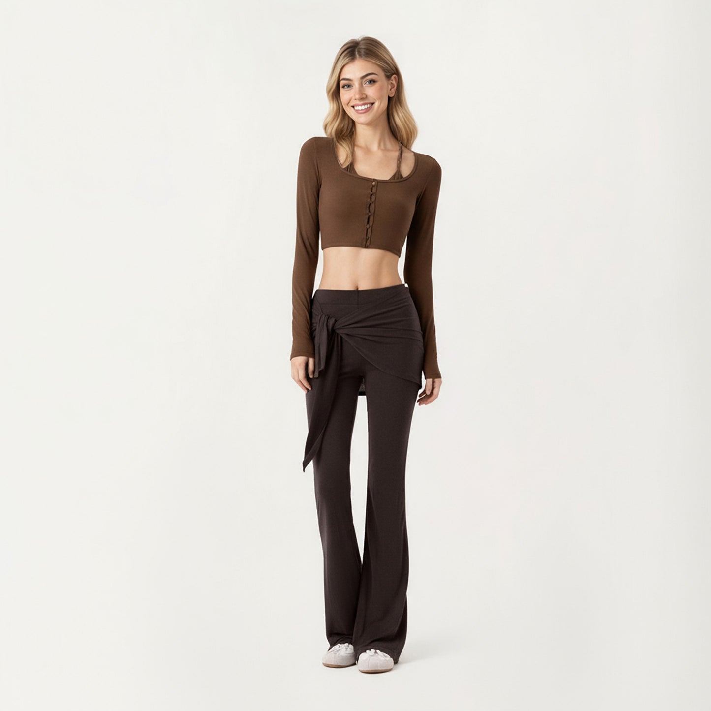 Long Sleeve Cropped Button Front Top with Square Neckline and Fitted Silhouette