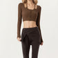 Long Sleeve Cropped Button Front Top with Square Neckline and Fitted Silhouette