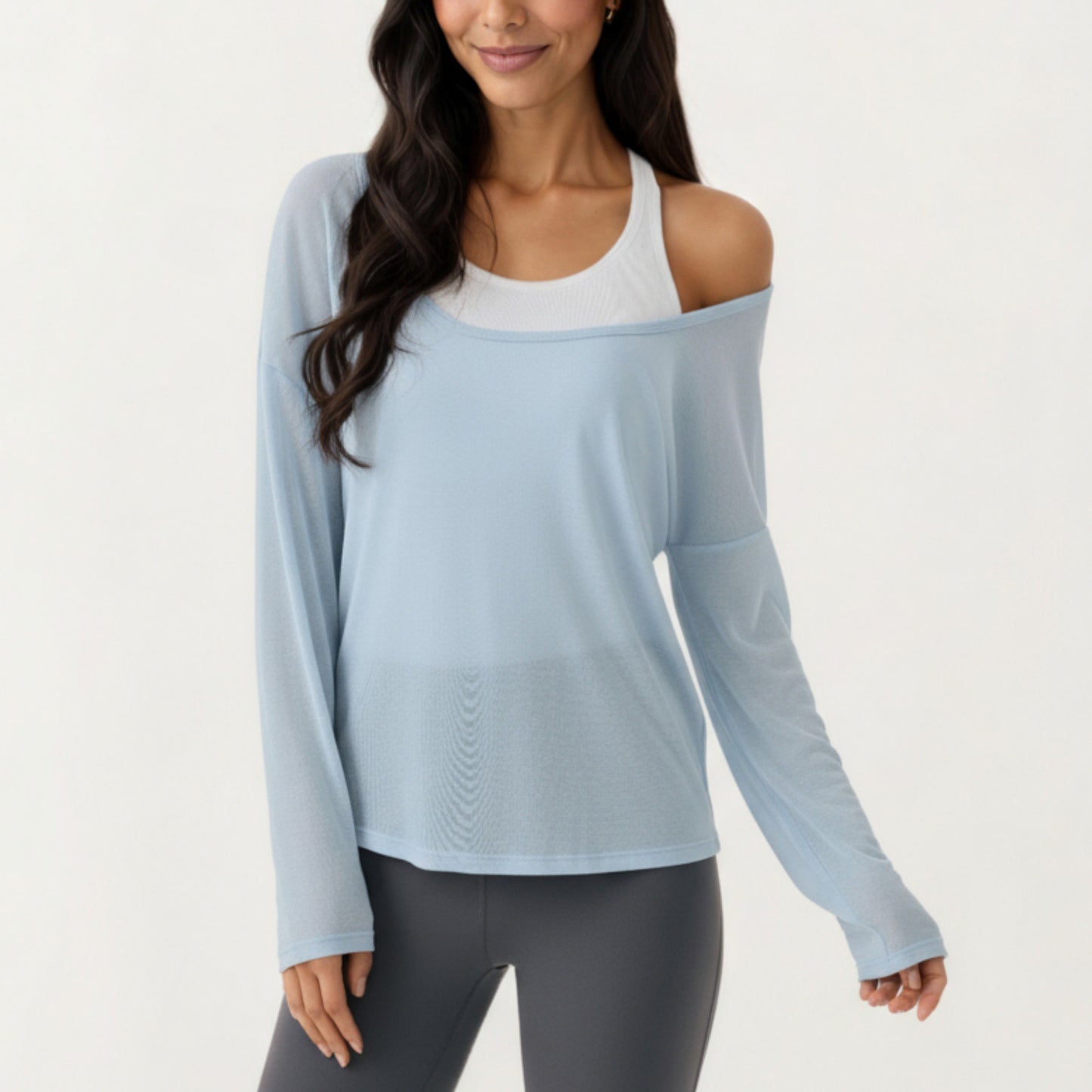 2-Piece Women's Long Sleeve Sheer Pullover Top Set with Off Shoulder Neckline and Relaxed Fit