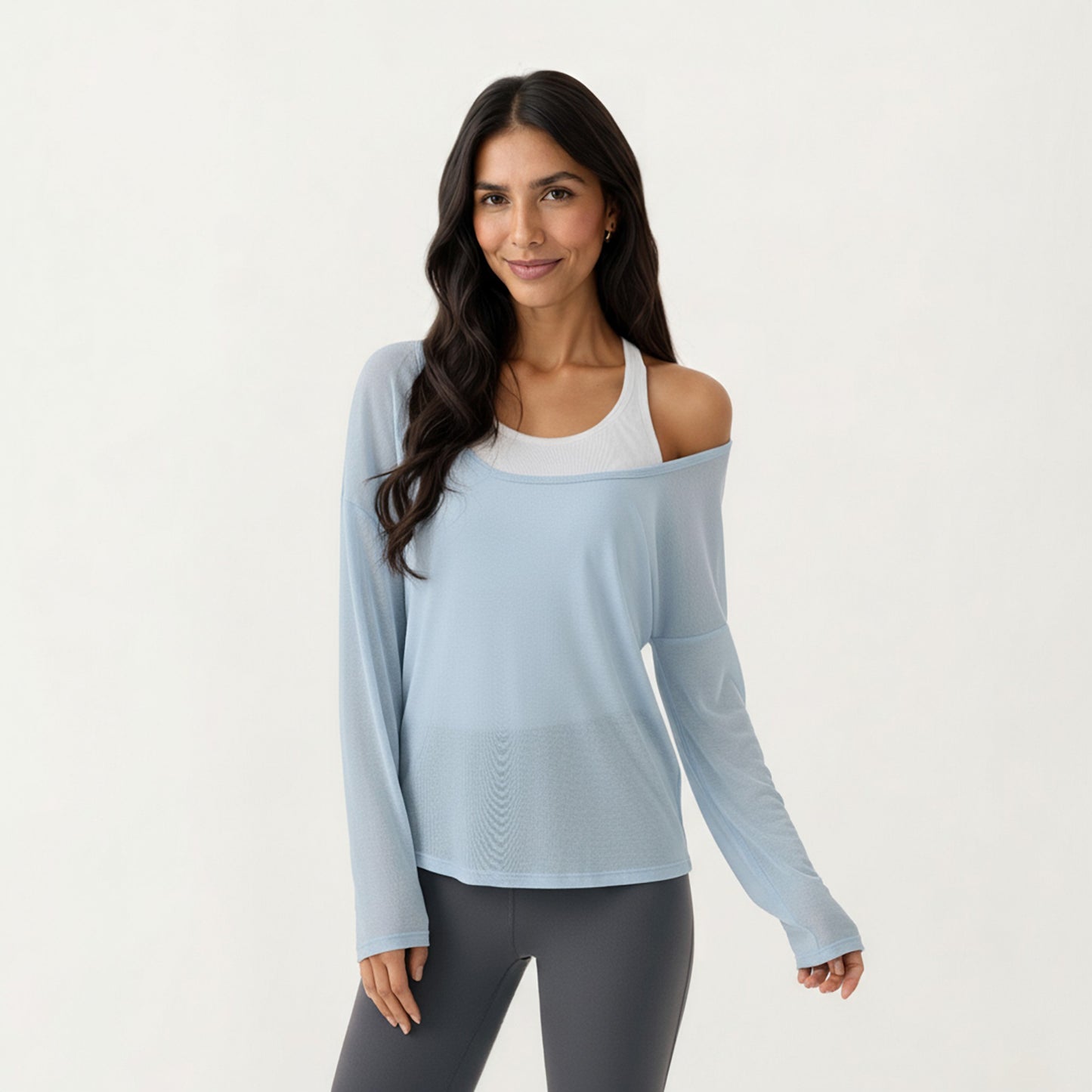 2-Piece Women's Long Sleeve Sheer Pullover Top Set with Off Shoulder Neckline and Relaxed Fit