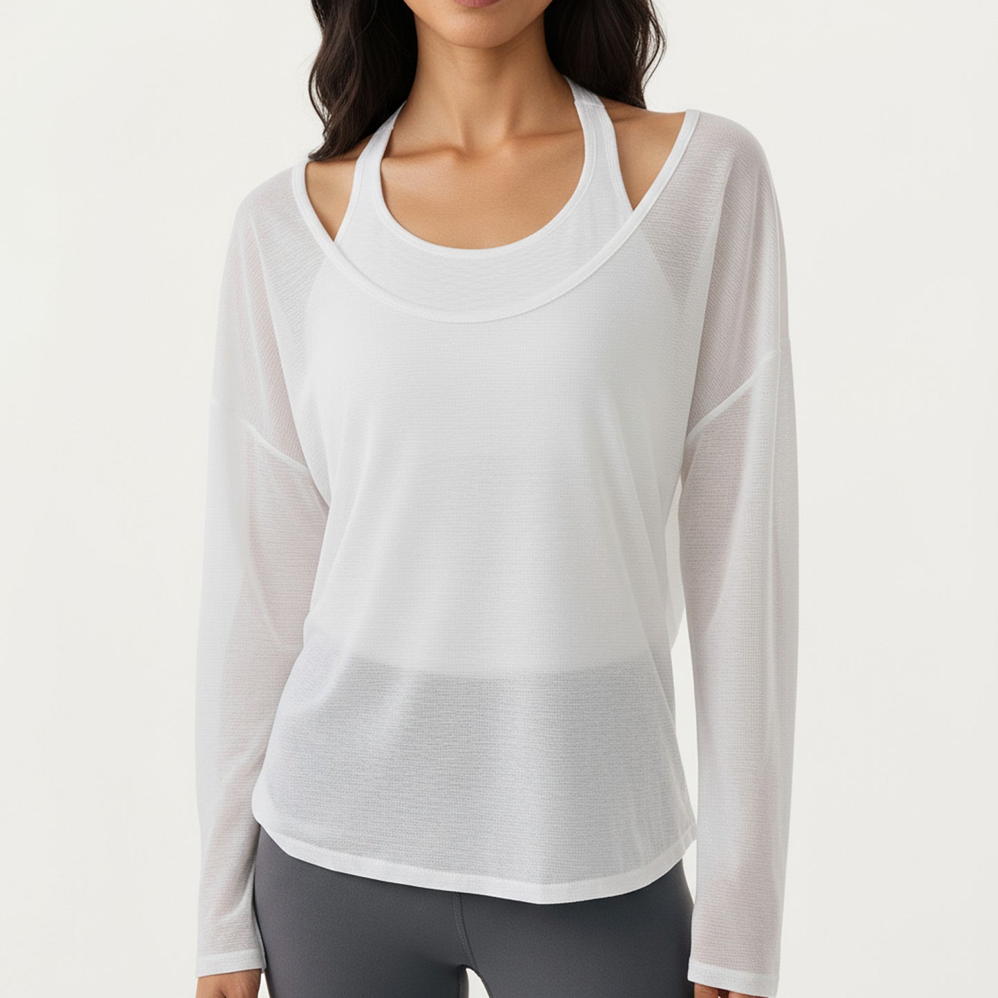 2-Piece Women's Long Sleeve Sheer Pullover Top Set with Off Shoulder Neckline and Relaxed Fit