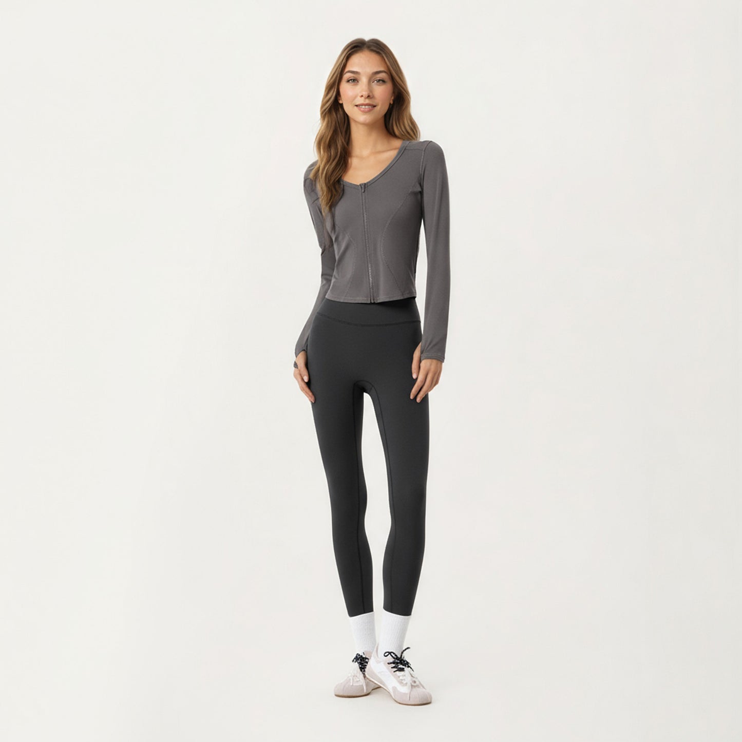 Long Sleeve Zip Front Cropped Jacket with Contoured Seams and Thumbhole Cuffs