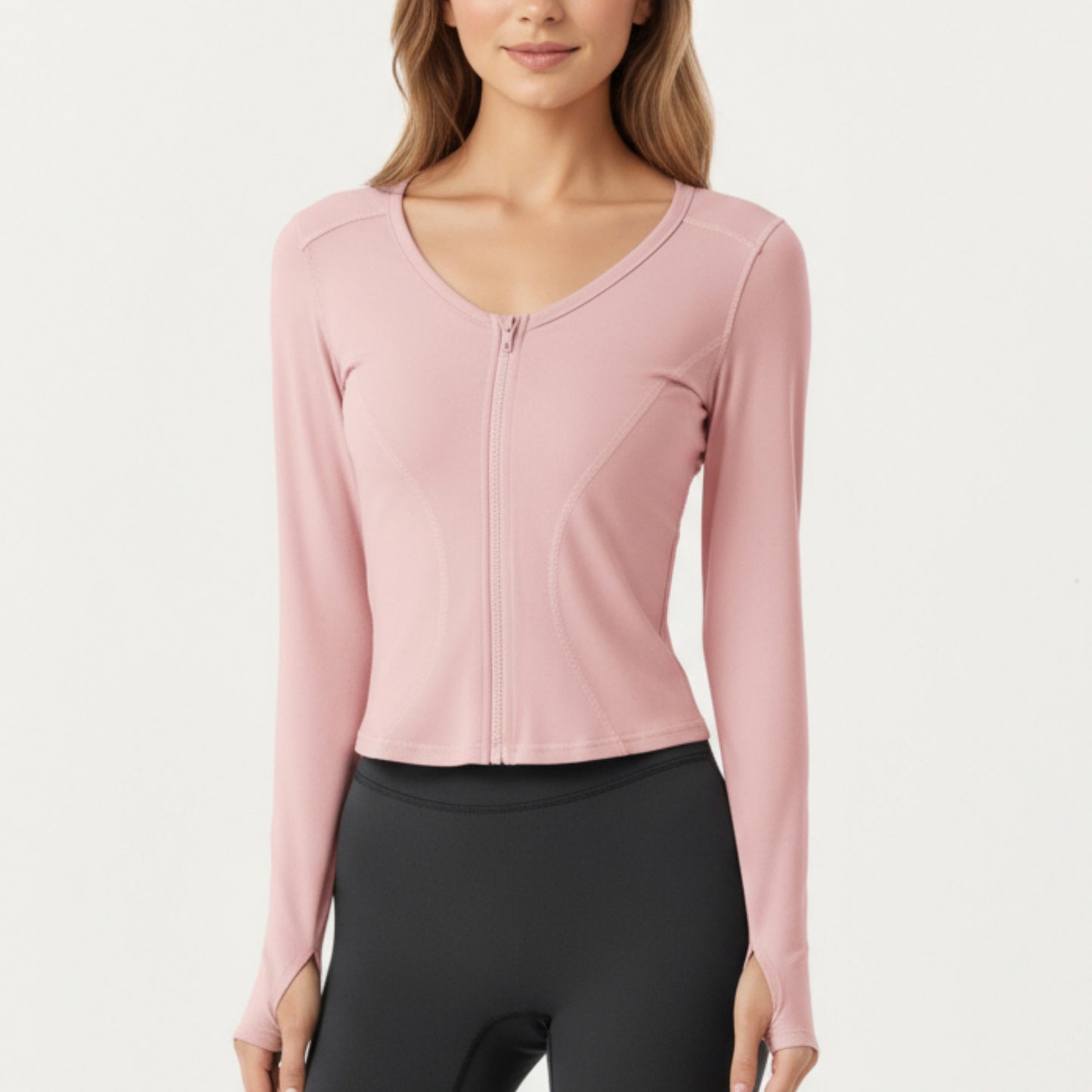 Long Sleeve Zip Front Cropped Jacket with Contoured Seams and Thumbhole Cuffs