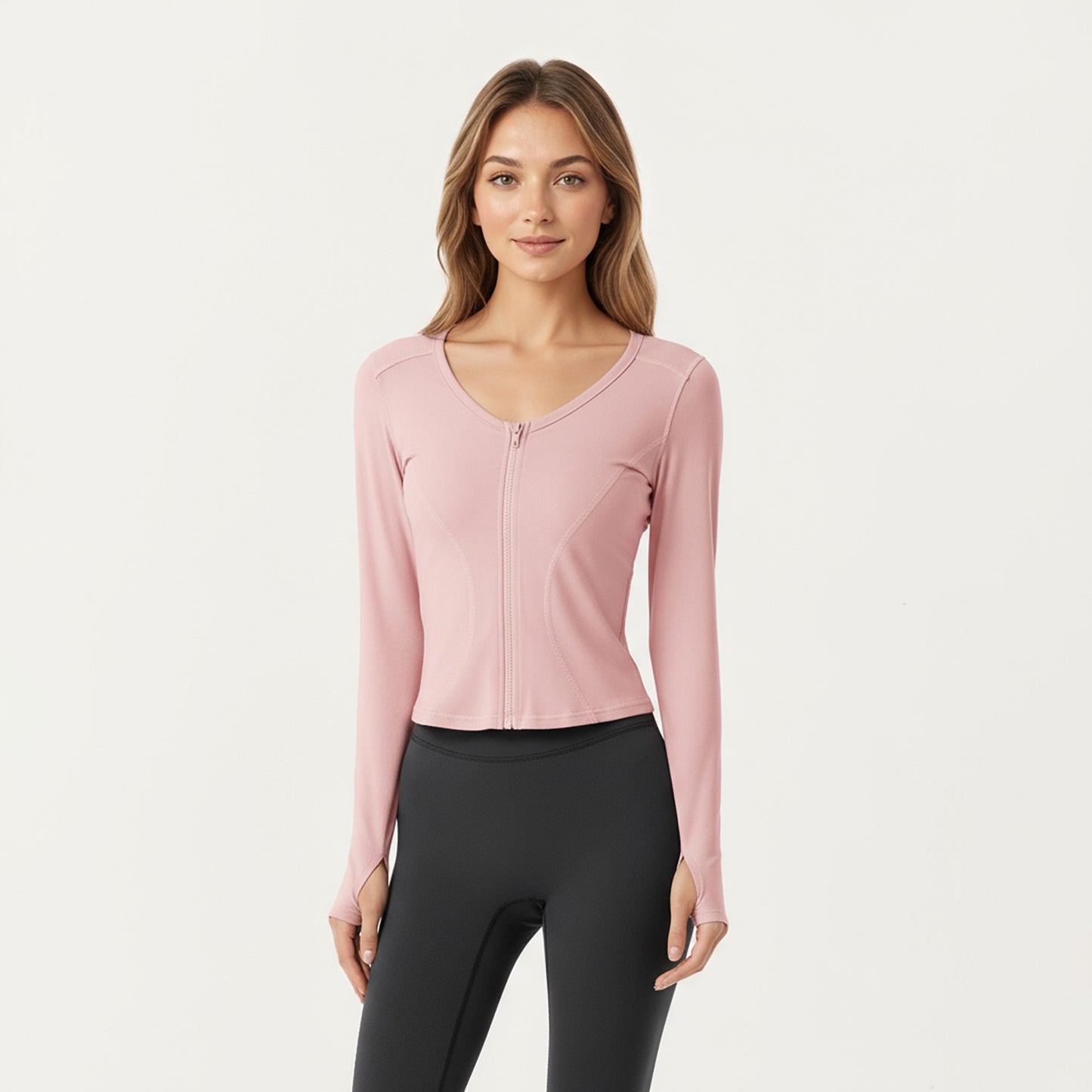 Long Sleeve Zip Front Cropped Jacket with Contoured Seams and Thumbhole Cuffs