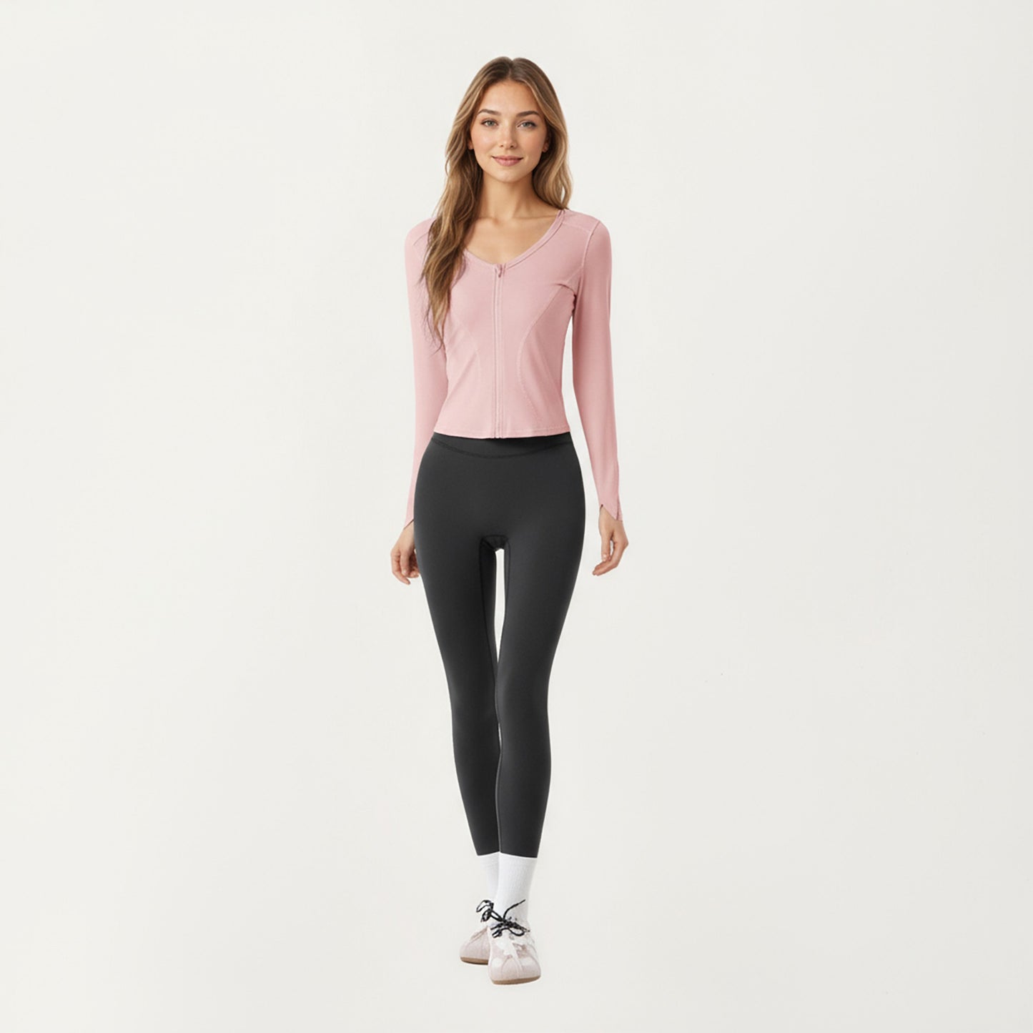 Long Sleeve Zip Front Cropped Jacket with Contoured Seams and Thumbhole Cuffs