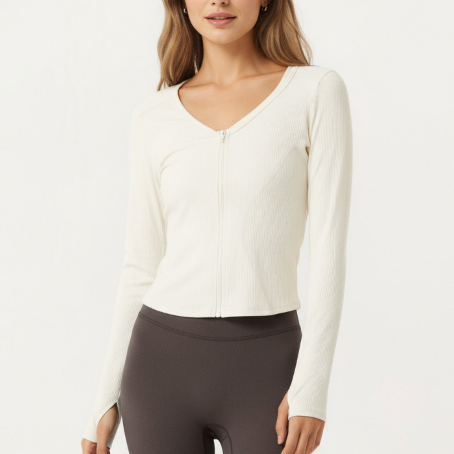 Long Sleeve Zip Front Cropped Jacket with Contoured Seams and Thumbhole Cuffs