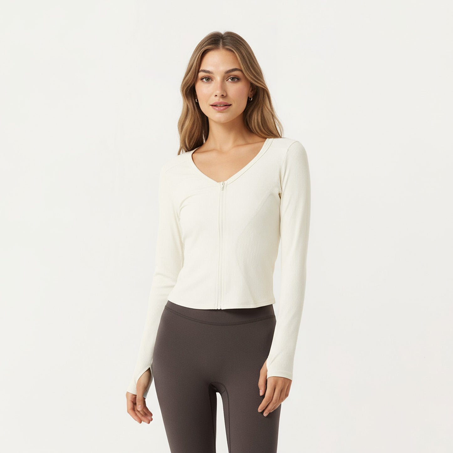 Long Sleeve Zip Front Cropped Jacket with Contoured Seams and Thumbhole Cuffs