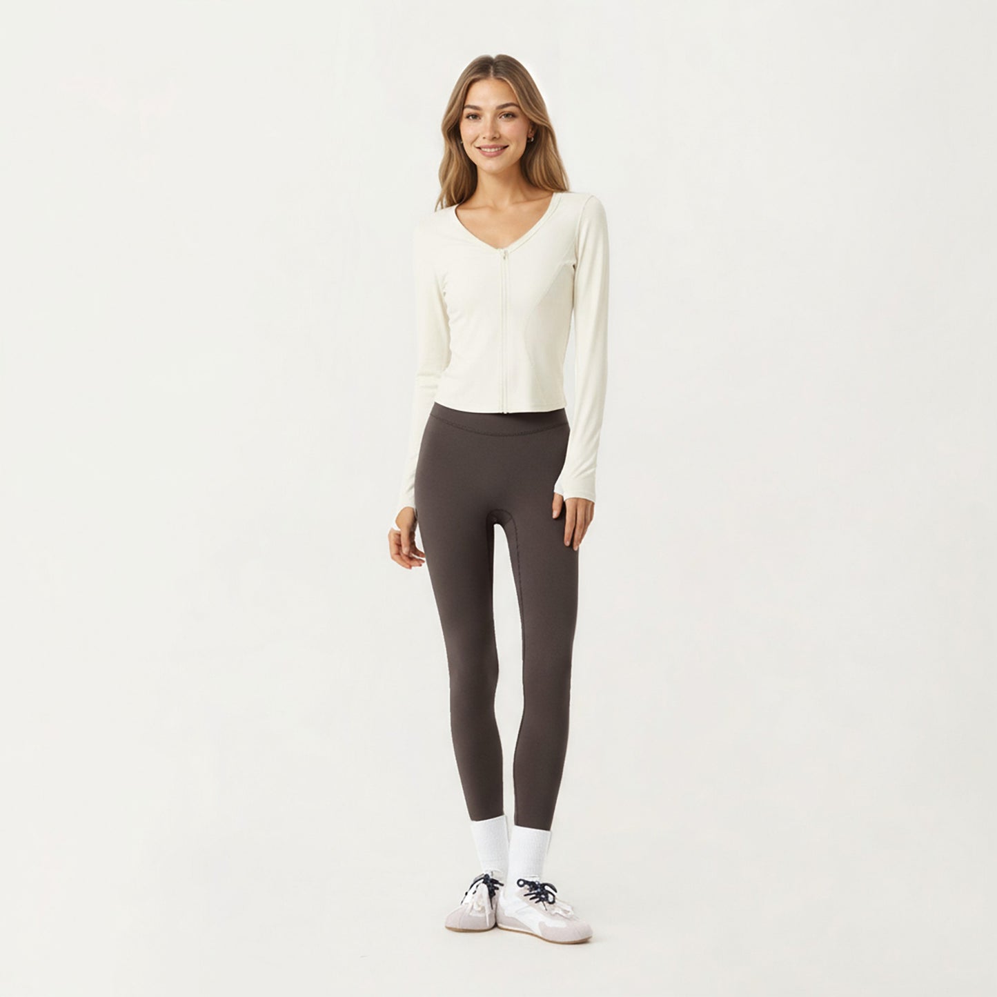 Long Sleeve Zip Front Cropped Jacket with Contoured Seams and Thumbhole Cuffs