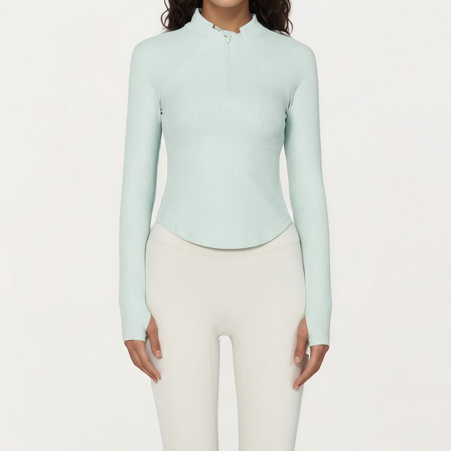 Long Sleeve Ribbed Knit Half Zip Top with Curved Hem and Fitted Silhouette