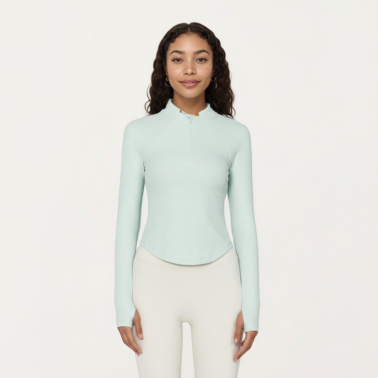 Long Sleeve Ribbed Knit Half Zip Top with Curved Hem and Fitted Silhouette