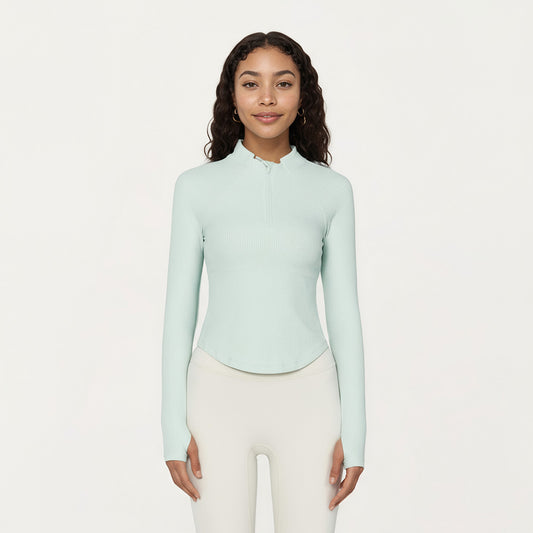 Long Sleeve Ribbed Knit Half Zip Top with Curved Hem and Fitted Silhouette
