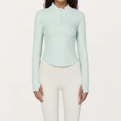 Long Sleeve Ribbed Knit Half Zip Top with Curved Hem and Fitted Silhouette
