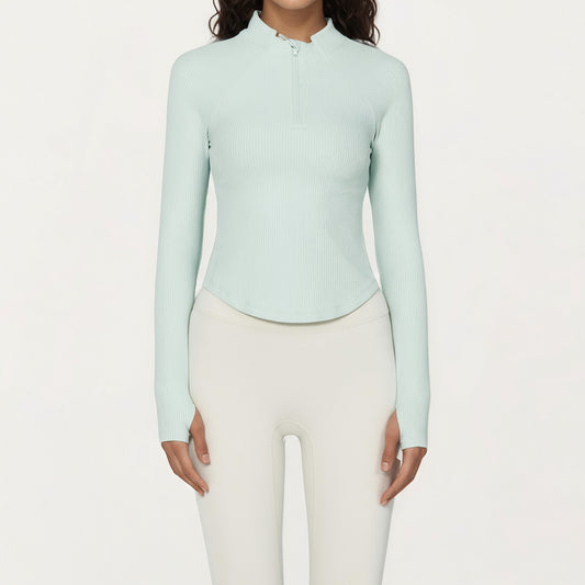 Long Sleeve Ribbed Knit Half Zip Top with Curved Hem and Fitted Silhouette