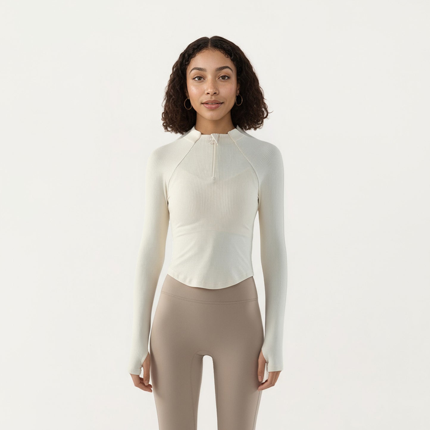 Long Sleeve Ribbed Knit Half Zip Top with Curved Hem and Fitted Silhouette