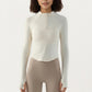 Long Sleeve Ribbed Knit Half Zip Top with Curved Hem and Fitted Silhouette