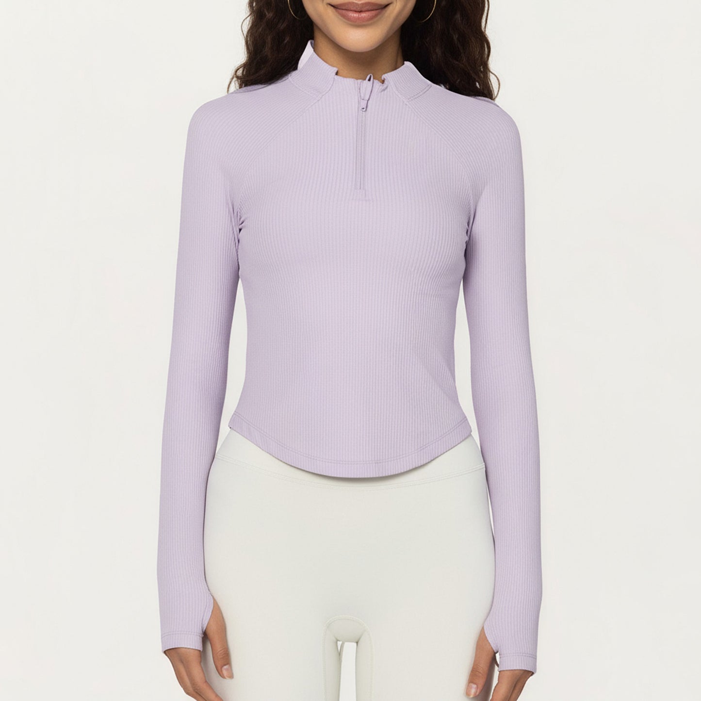 Long Sleeve Ribbed Knit Half Zip Top with Curved Hem and Fitted Silhouette