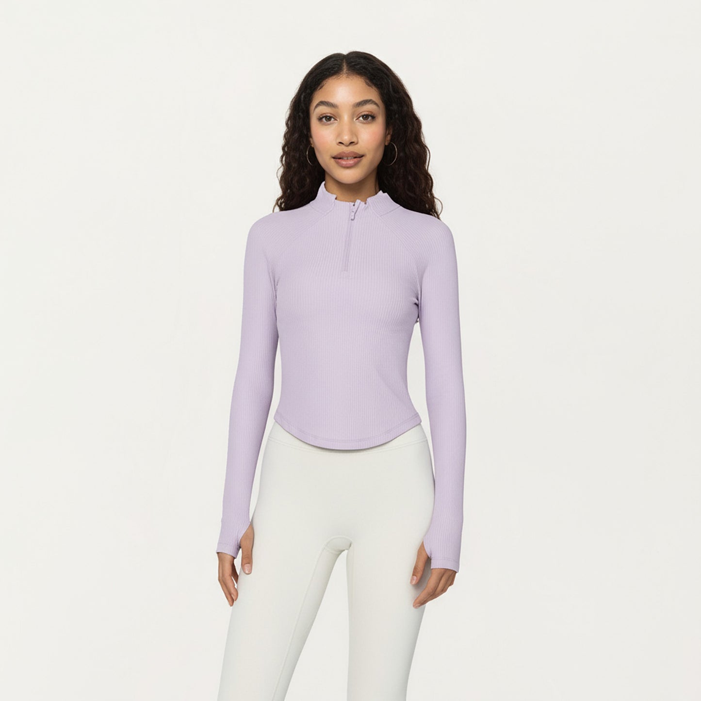 Long Sleeve Ribbed Knit Half Zip Top with Curved Hem and Fitted Silhouette