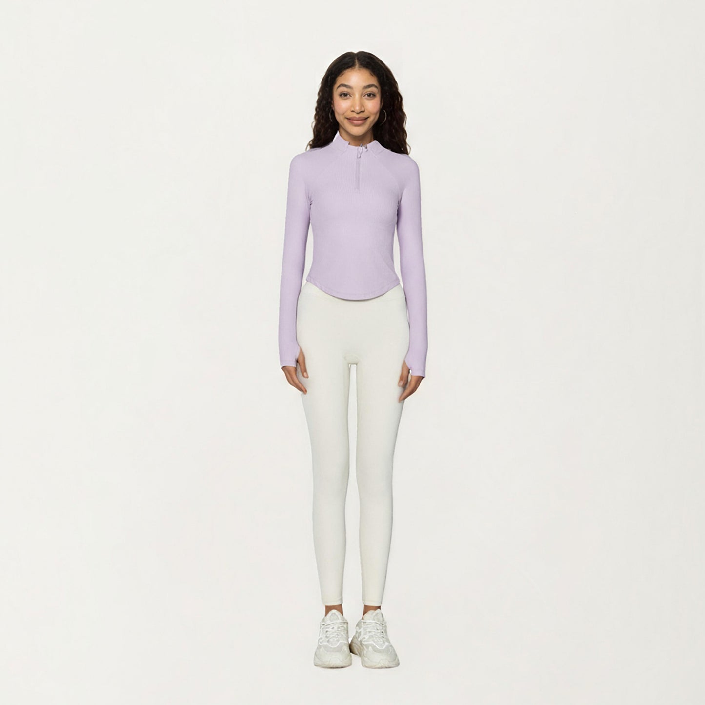 Long Sleeve Ribbed Knit Half Zip Top with Curved Hem and Fitted Silhouette