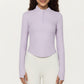 Long Sleeve Ribbed Knit Half Zip Top with Curved Hem and Fitted Silhouette