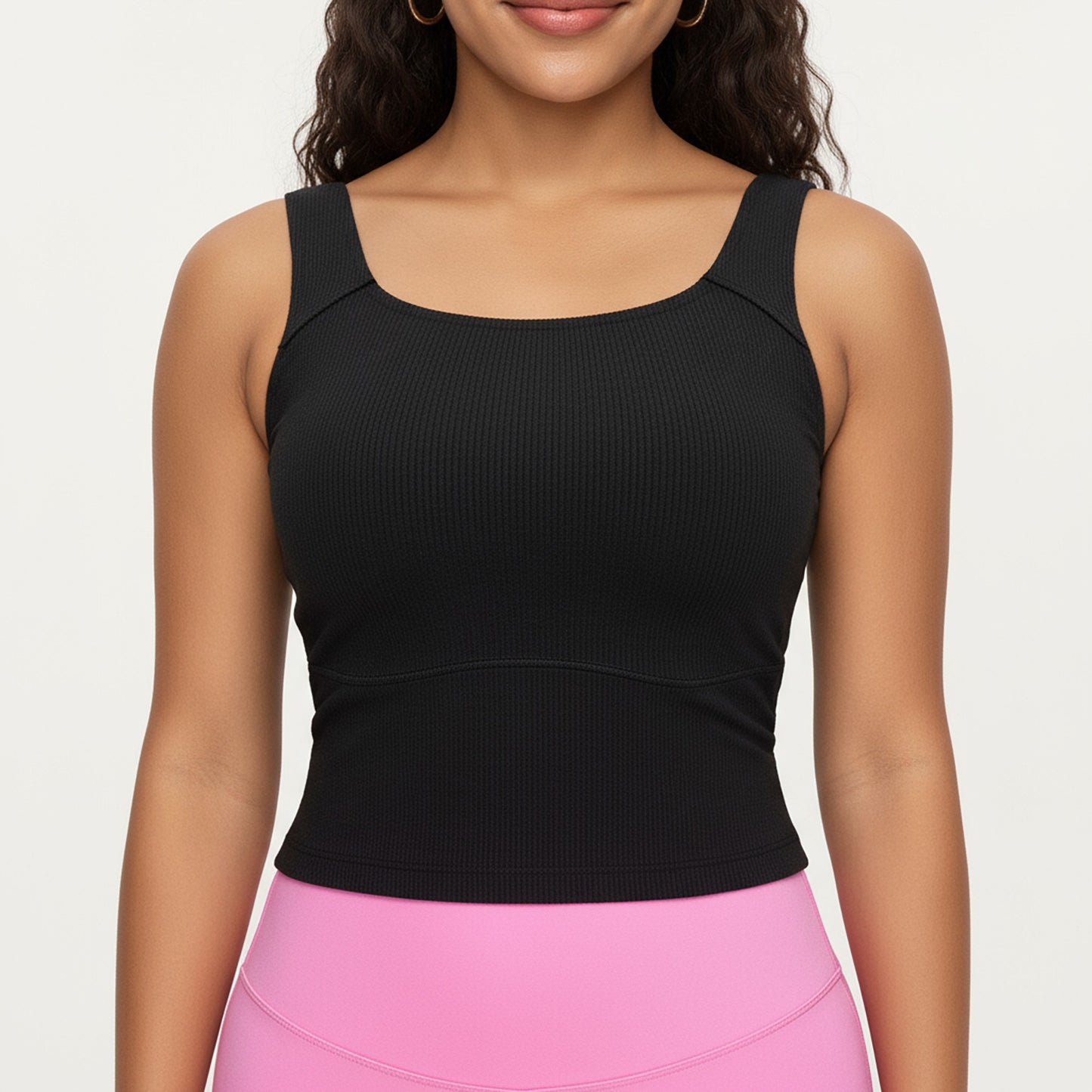 Ribbed Square Neck Tank Top with Wide Straps and Fitted Stretch Design