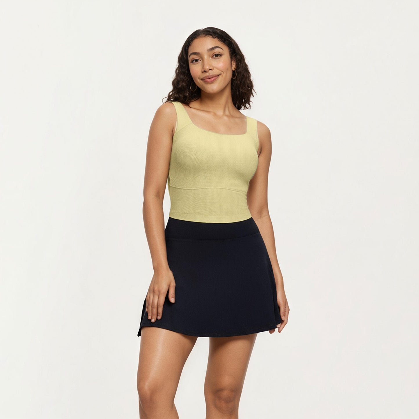 Ribbed Square Neck Tank Top with Wide Straps and Fitted Stretch Design
