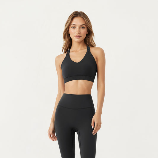 Double Strap V-Neck Sports Bra with Smooth Stretch Fabric and Supportive Band