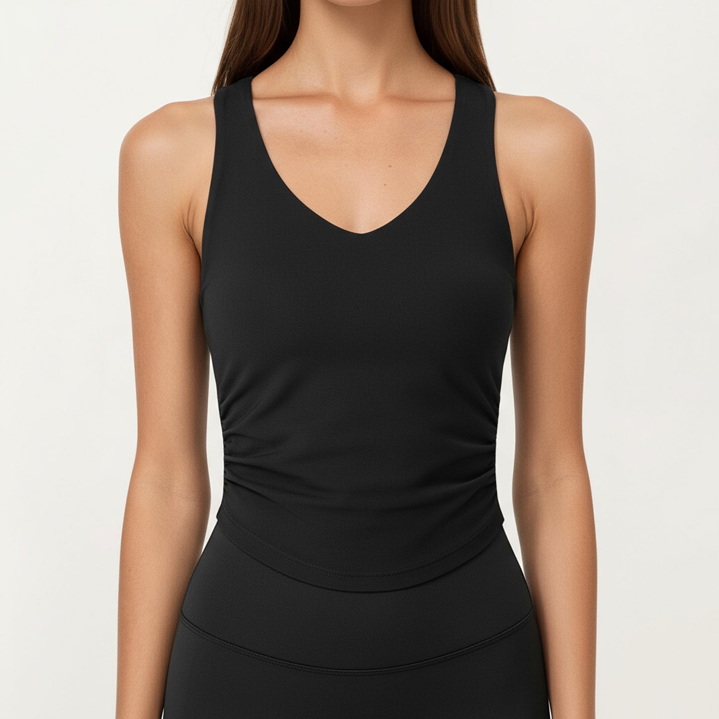 V-Neck Ruched Side Tank Top with Fitted Stretch Fabric and Sleek Contoured Silhouette