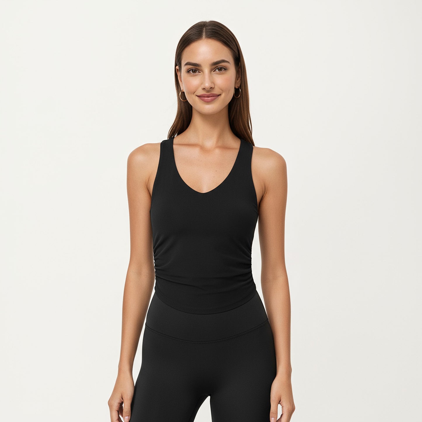 V-Neck Ruched Side Tank Top with Fitted Stretch Fabric and Sleek Contoured Silhouette