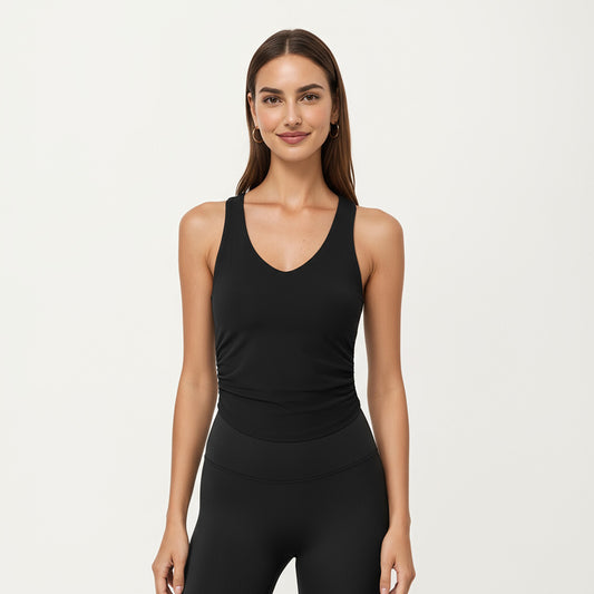 V-Neck Ruched Side Tank Top with Fitted Stretch Fabric and Sleek Contoured Silhouette