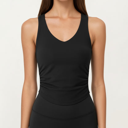 V-Neck Ruched Side Tank Top with Fitted Stretch Fabric and Sleek Contoured Silhouette