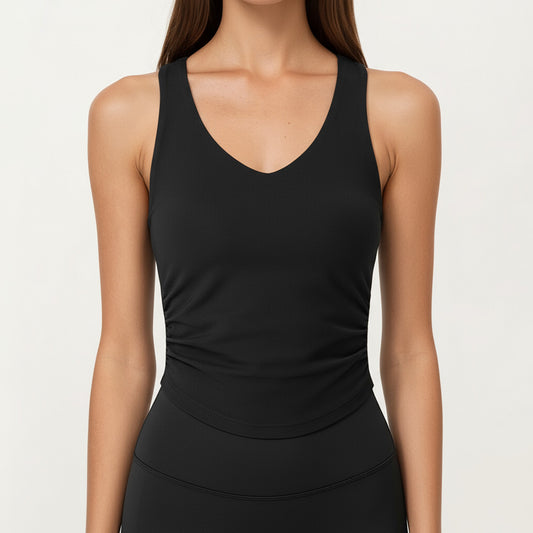 V-Neck Ruched Side Tank Top with Fitted Stretch Fabric and Sleek Contoured Silhouette