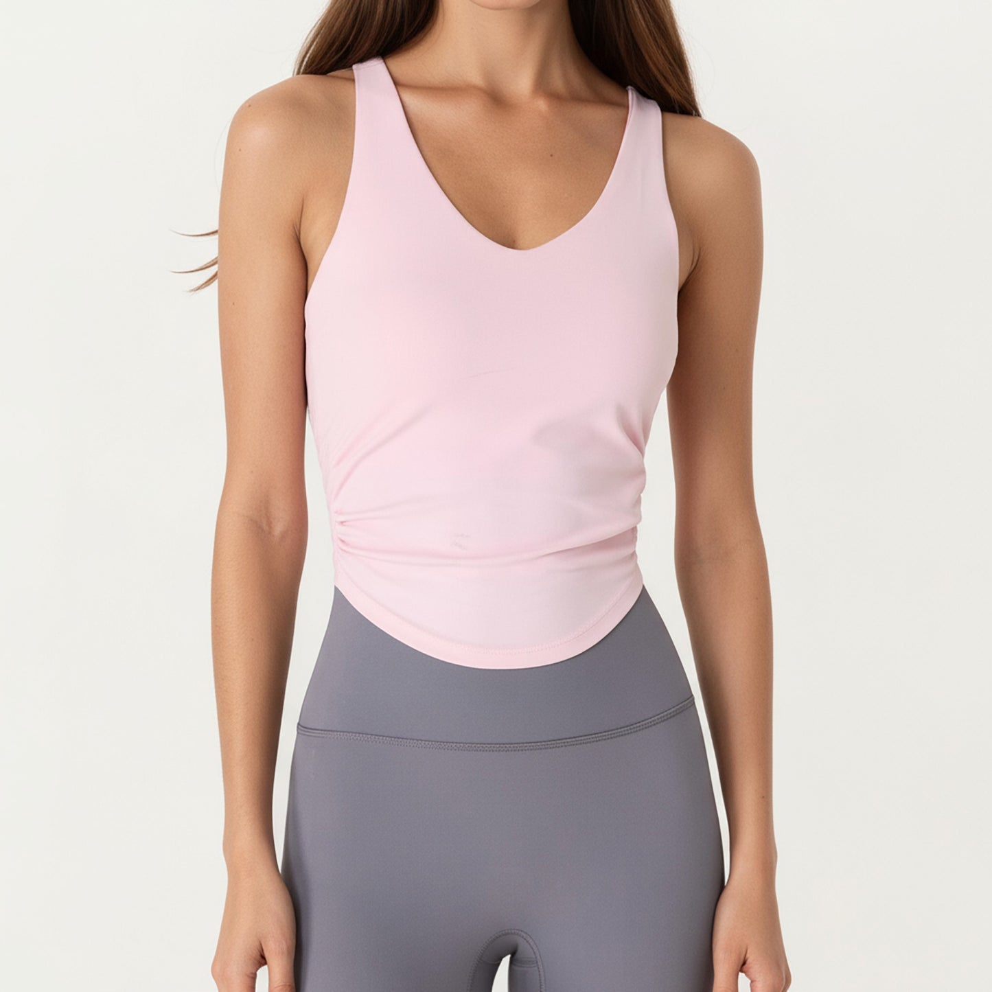 V-Neck Ruched Side Tank Top with Fitted Stretch Fabric and Sleek Contoured Silhouette