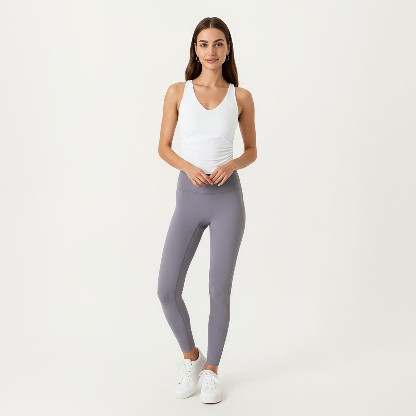 V-Neck Ruched Side Tank Top with Fitted Stretch Fabric and Sleek Contoured Silhouette
