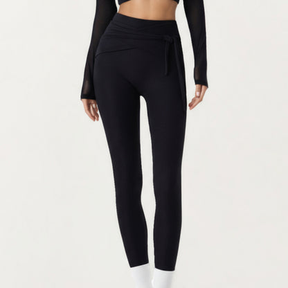 Ribbed Knit High Waist Leggings with Wrap Tie Waistband and Contrast Cuffed Hem