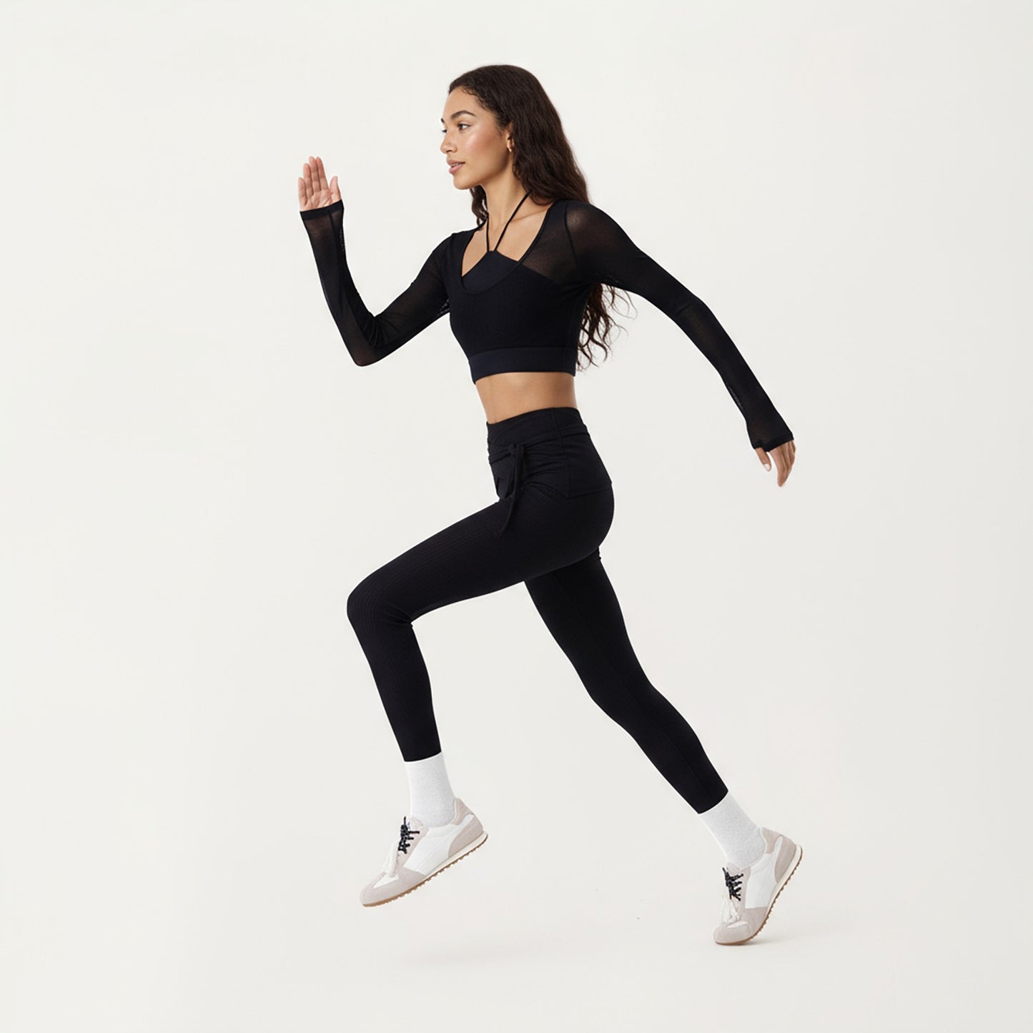 Ribbed Knit High Waist Leggings with Wrap Tie Waistband and Contrast Cuffed Hem