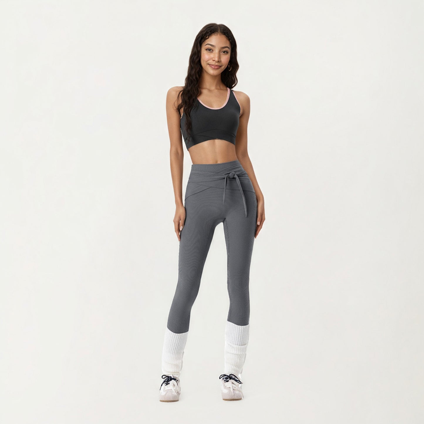 Ribbed Knit High Waist Leggings with Wrap Tie Waistband and Contrast Cuffed Hem