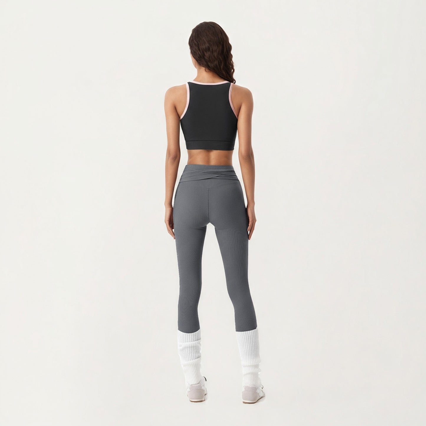 Ribbed Knit High Waist Leggings with Wrap Tie Waistband and Contrast Cuffed Hem