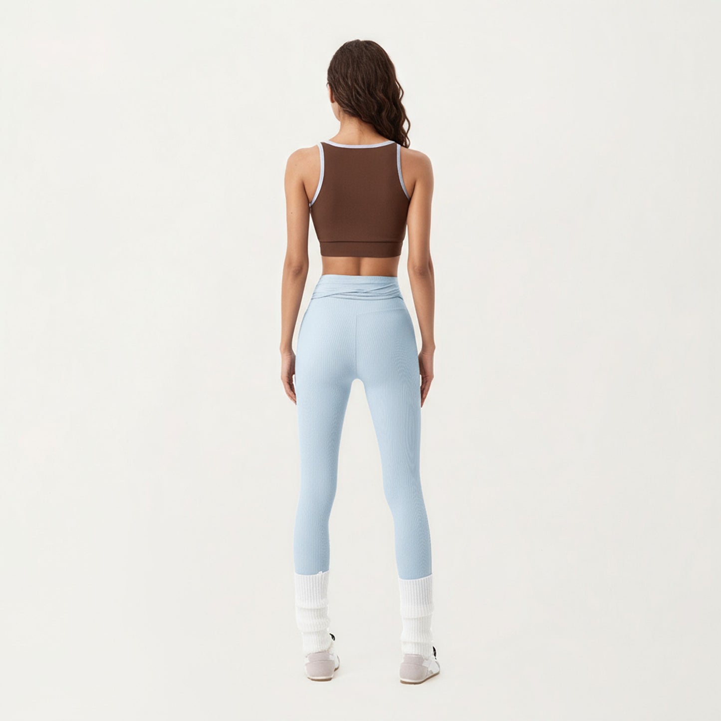 Ribbed Knit High Waist Leggings with Wrap Tie Waistband and Contrast Cuffed Hem